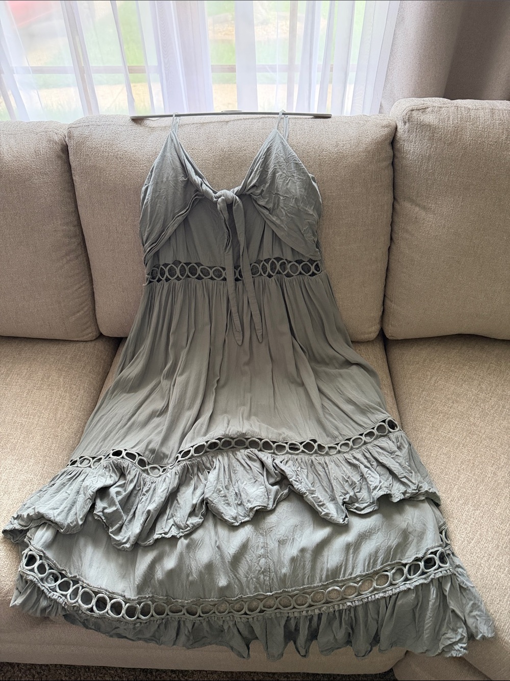Elle Sage Green Spaghetti Strap Cotton Midi Dress